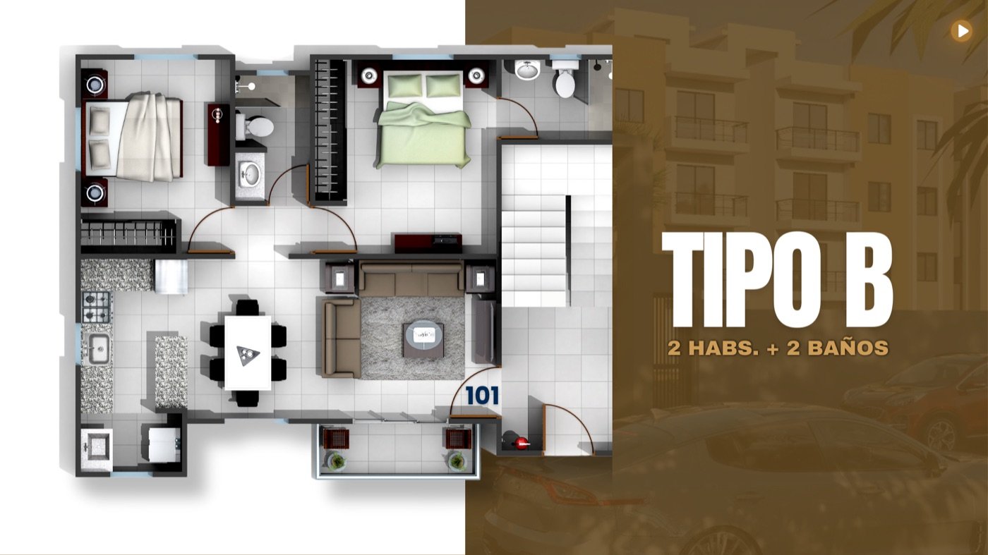 Plano apartamento Tipo B — 2 habitaciones, 2 baños
